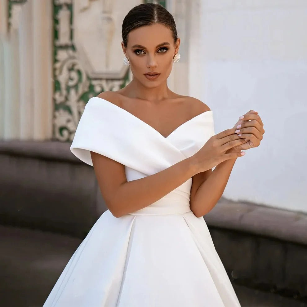 V Neck Simple Satin Wedding Gown Sweep Train Gorgeous Ball Gown Wedding Dresses Off The Shoulder Corset Bridal Dress