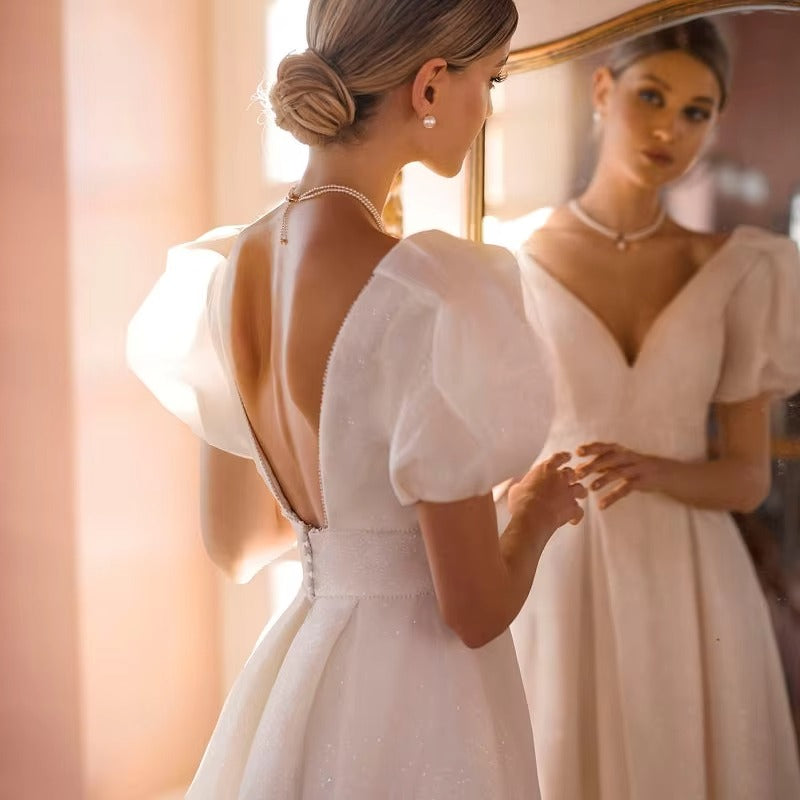 Vestido De Novia con cuello en V, falda con abertura Gelinlik, Vestidos brillantes con cuentas, manga corta, Espalda descubierta, vestido De Novia sencillo 