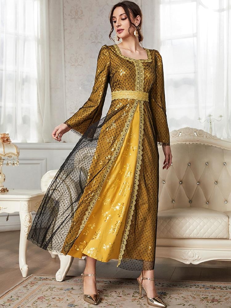 Saoedi Fashion Evening Feestjurk Zwart Mesh vierkante kraag van lange mouwen Elegante outfits Bloem Gold Stamping Caftan