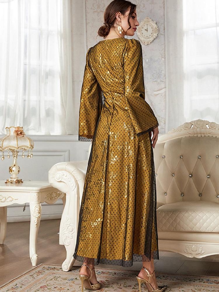 Robe de soirée en maille noire, mode saoudienne, manches longues, col carré, tenues élégantes, Caftan imprimé Floral or