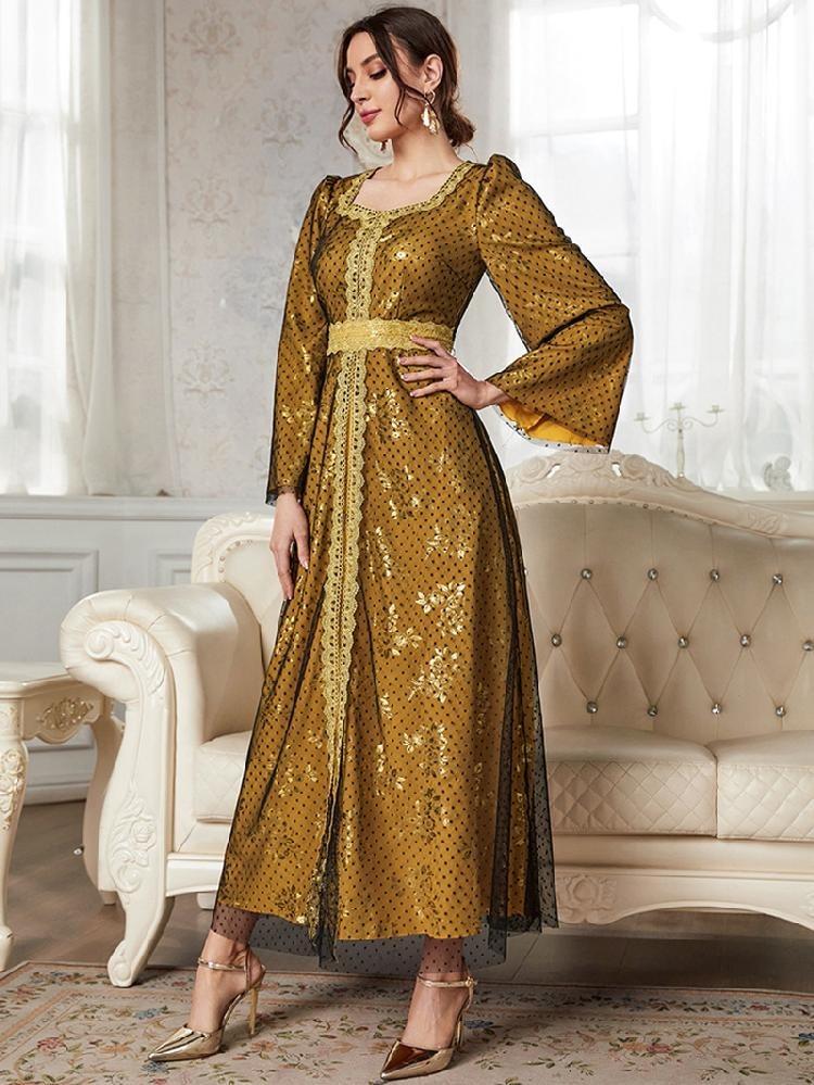 Saudi Fashion Evening Party Dress Black Mesh Long Sleeve Square Collar Elegant Outfits Floral Gold Stamping Caftan