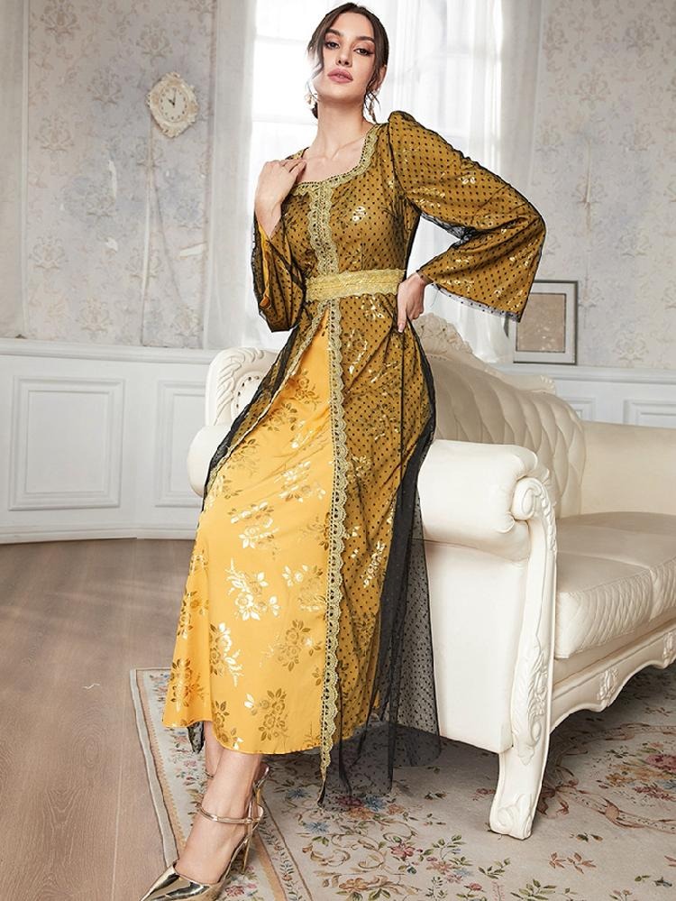 Saudi Fashion Evening Party Dress Black Mesh Long Sleeve Square Collar Elegant Outfits Floral Gold Stamping Caftan