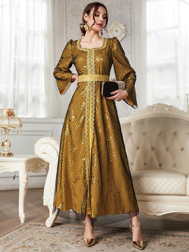 Saudi Fashion Evening Party Dress Black Mesh Long Sleeve Square Collar Elegant Outfits Floral Gold Stamping Caftan