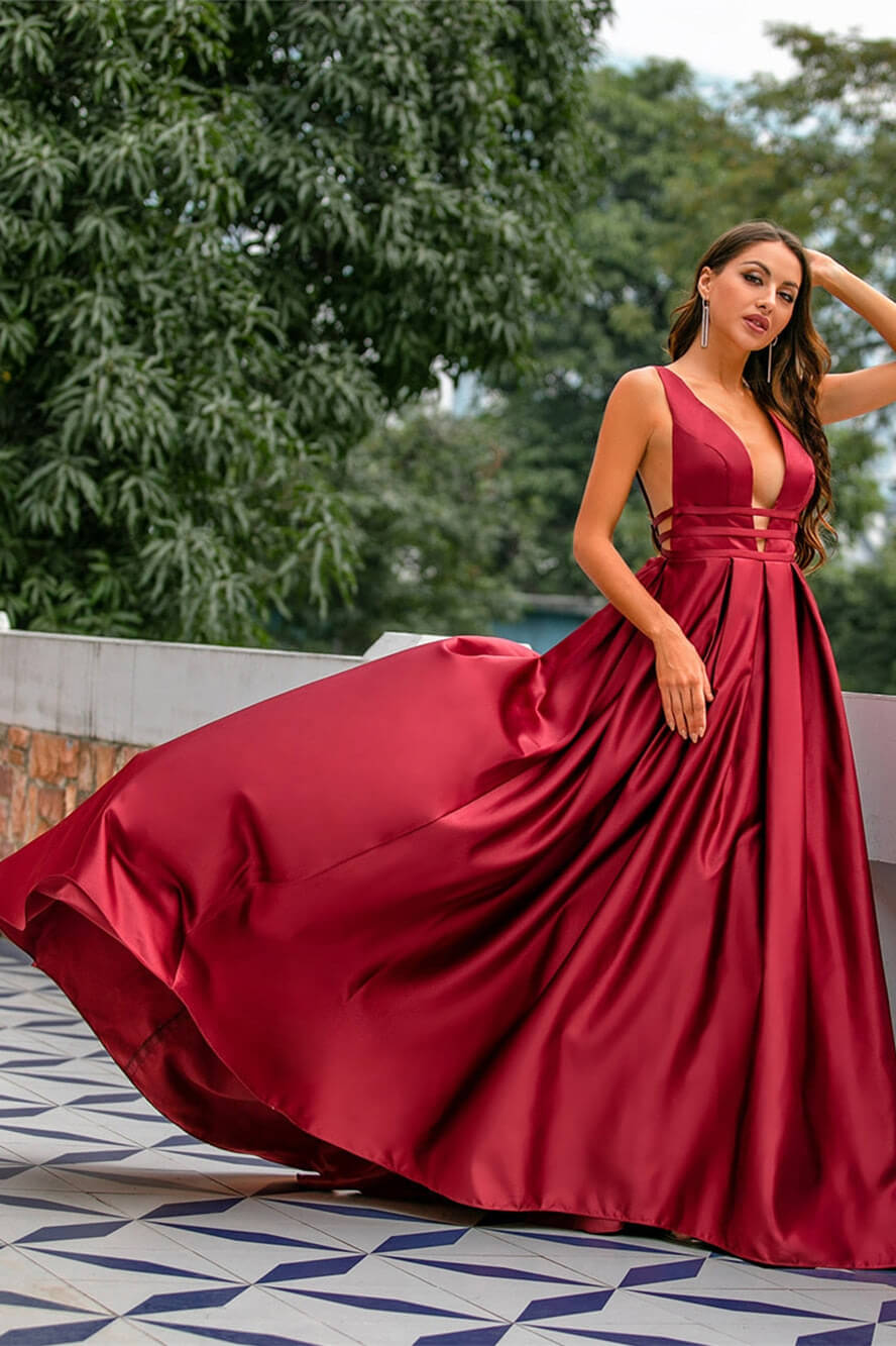 Sexy Red New Year Party Dress Winter Evening Dresses V Neck Satin Prom Dresses Long Elegant Evening Gown Robe De Soiree