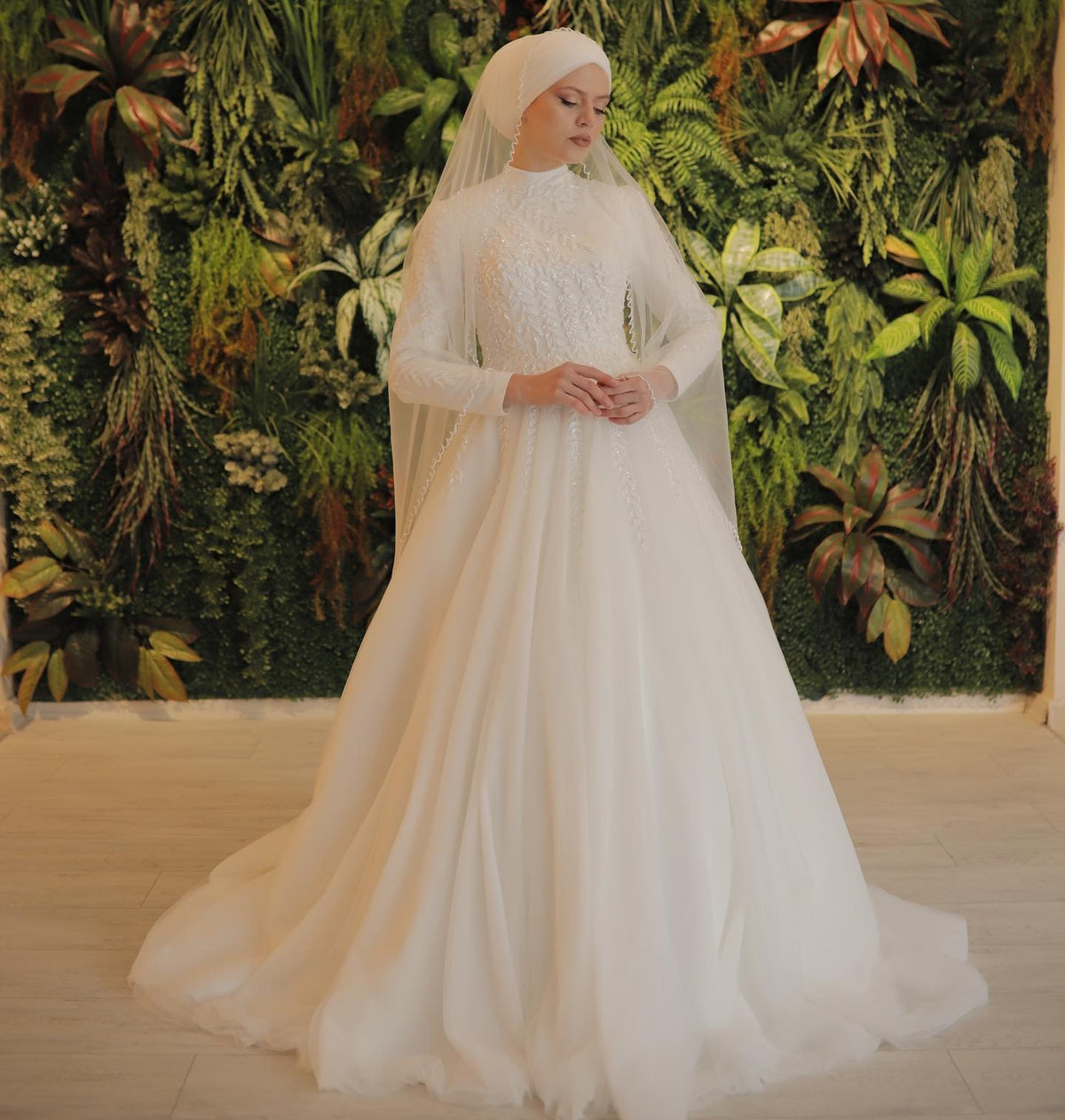 Ivory Muslim Hijab Bridal Dress with Veil Lace Appliques Wedding Gown For Bride Full Sleeves Vestido De Noiva Casamento