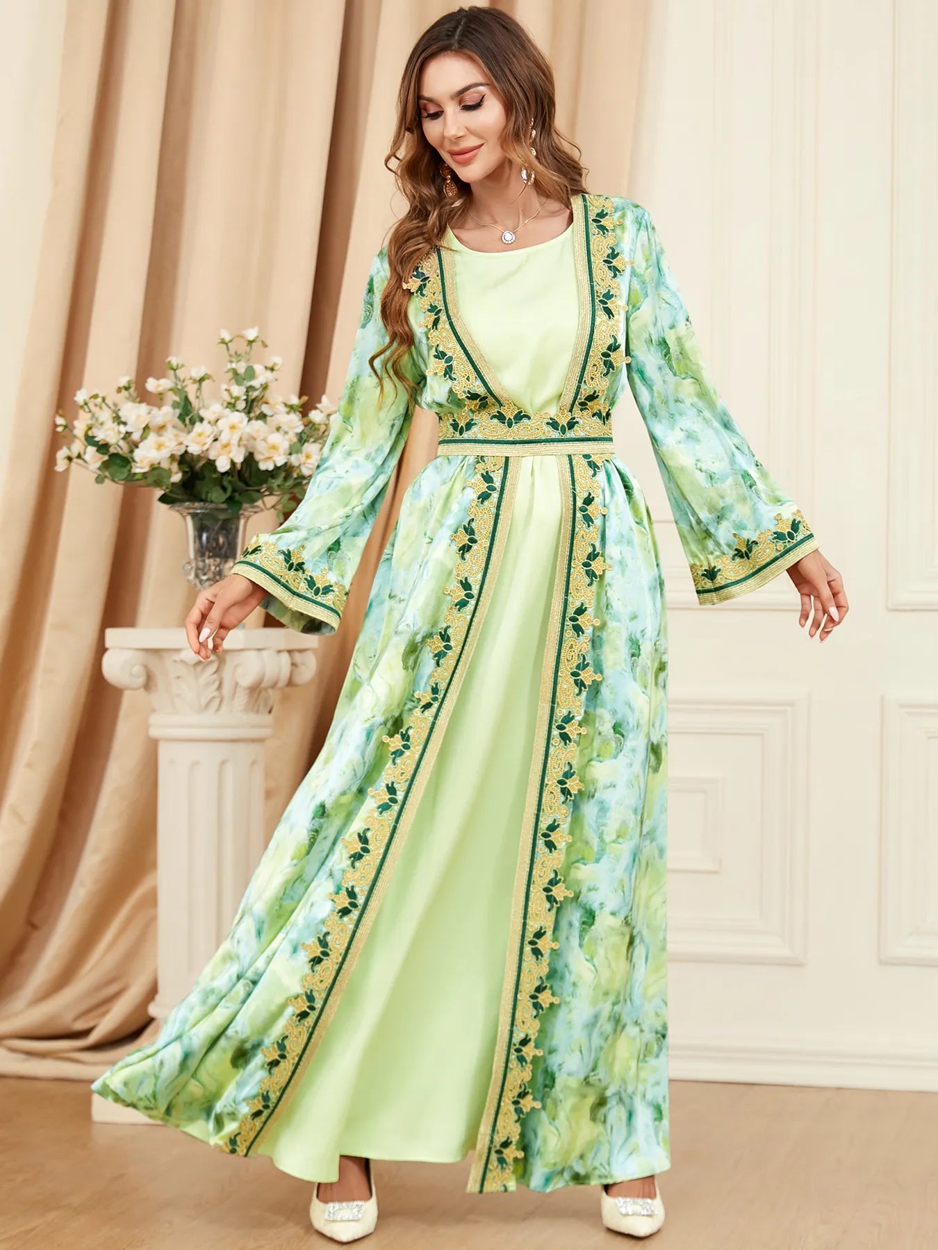 Dress Marocain Femme Satin Evening 2 Piece Abaya Set For Ramadan Muslim Female Chic Printing Belted Dubai Islamic Gown