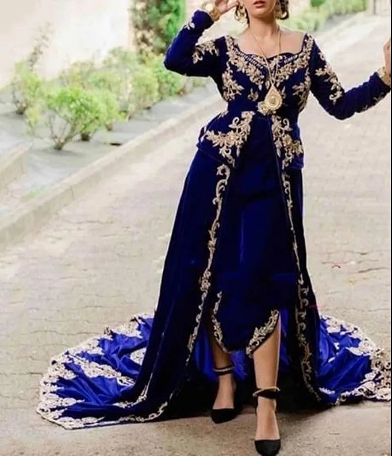 Royal Blue Algerian Caftan Evening Dress Morocco Velvet Special Occasion Dresses Appliqued Lace Outfit Prom Party Gowns