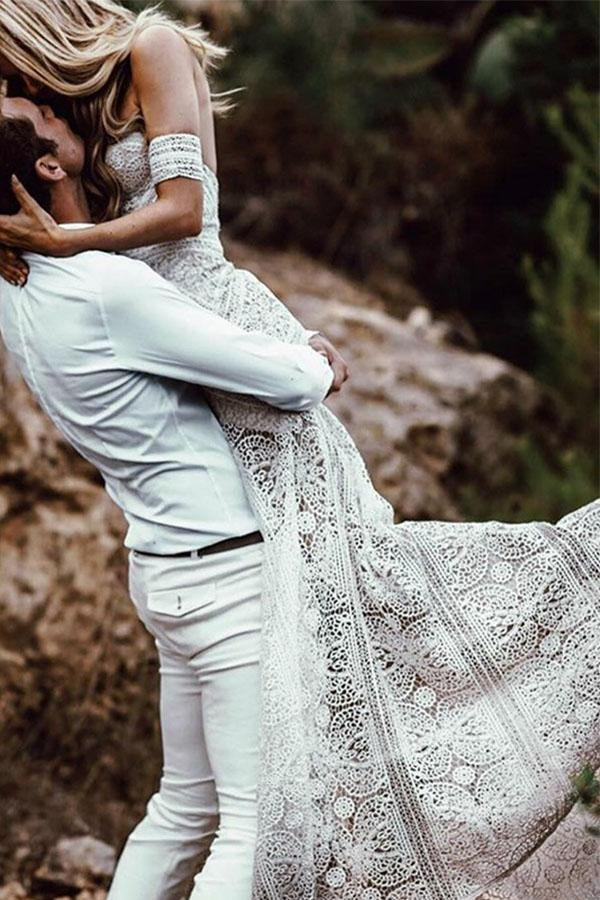 Abiti da sposa in pizzo della sirena boho fuori dagli abiti da sposa delle spalle abiti da sposa a lungo spiaggia per la sposa Vestido de nolia