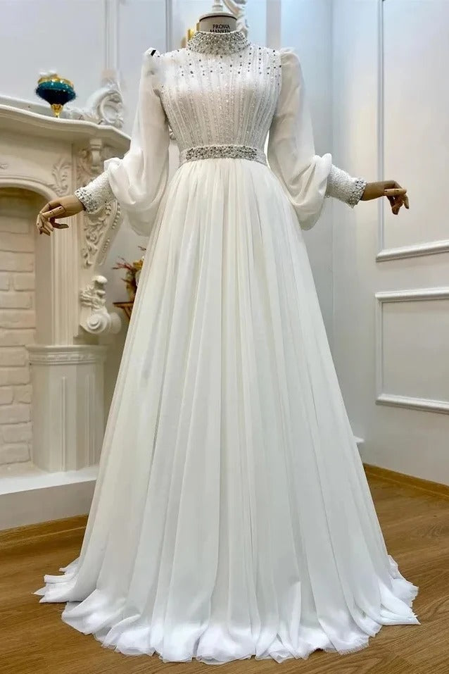 Vestido de noiva de luxo de dubai islâmico chiffon com miçangas de manga longa Vestido de noiva de pescoço alto A-line Robe de Mariée