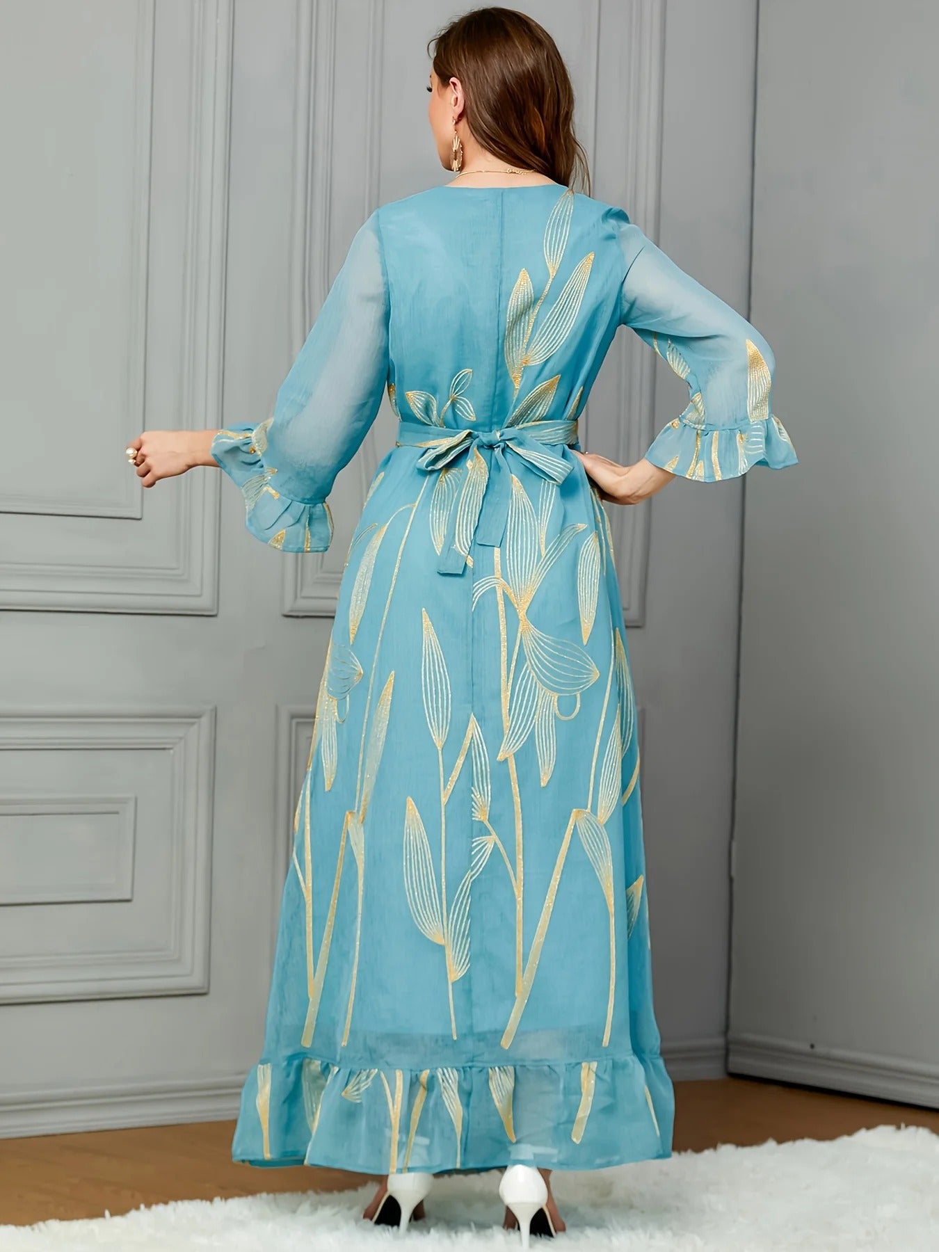 Robe en dentelle Guipure brodée dorée, paillettes florales, avec ceintures, manches évasées, col en v, Robe élégante pour femmes de dubaï