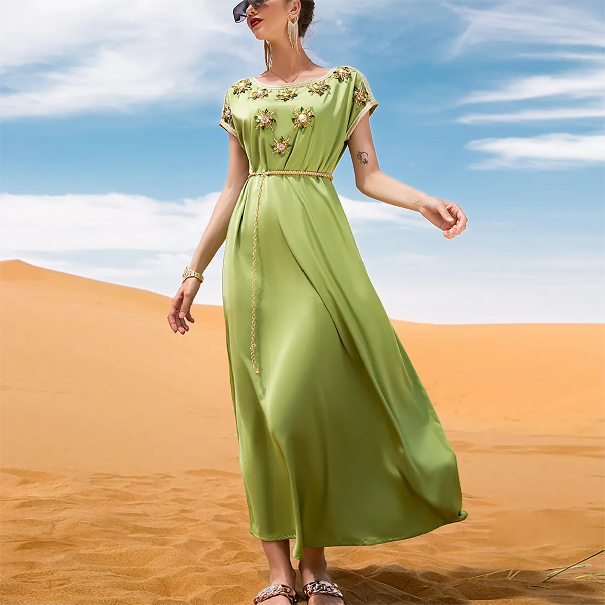 Satin Pure Handwork Rhinestone Chic Solid Short Sleeve O-Neck Belted Clothing Elegant Muslim Summer Long Dress 2023