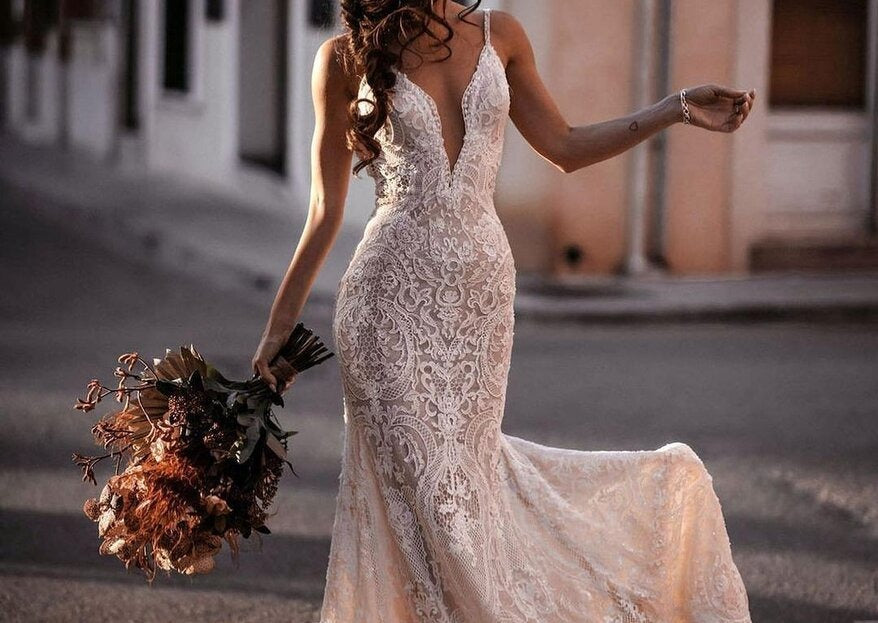 Vestido de novia con escote en V y tirantes finos, vestido de novia de encaje con apliques, vestido de novia Sexy de sirena, vestido de novia encantador de tamaño personalizado 