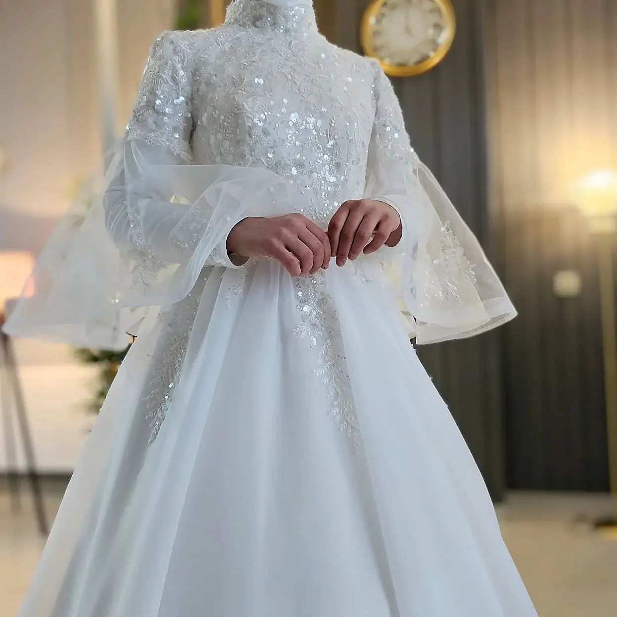 Vestido de casamento muçulmano de mangas cheias de pescoço vestido de noiva árabe dubai para a noiva Hijab Robe de Mariée Princesse