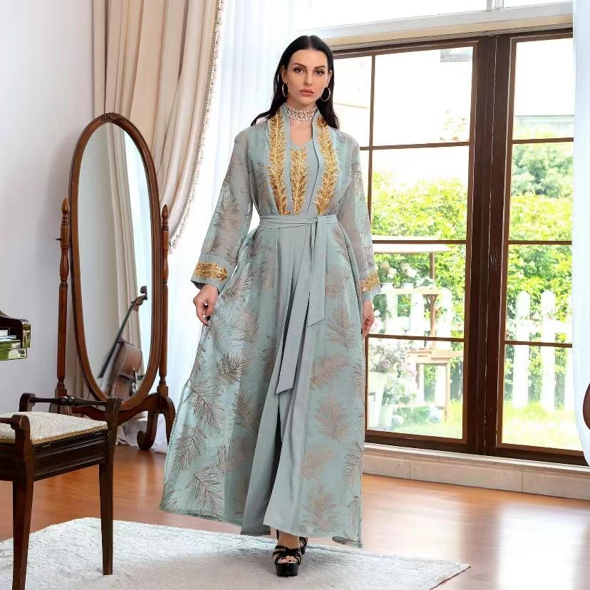 Broderie pailletée dubaï Abaya ensembles Musulmans Caftan ceinturé Robe de soirée Femme Musulmane Caftan Marocain femmes Jalabiya Ramadan