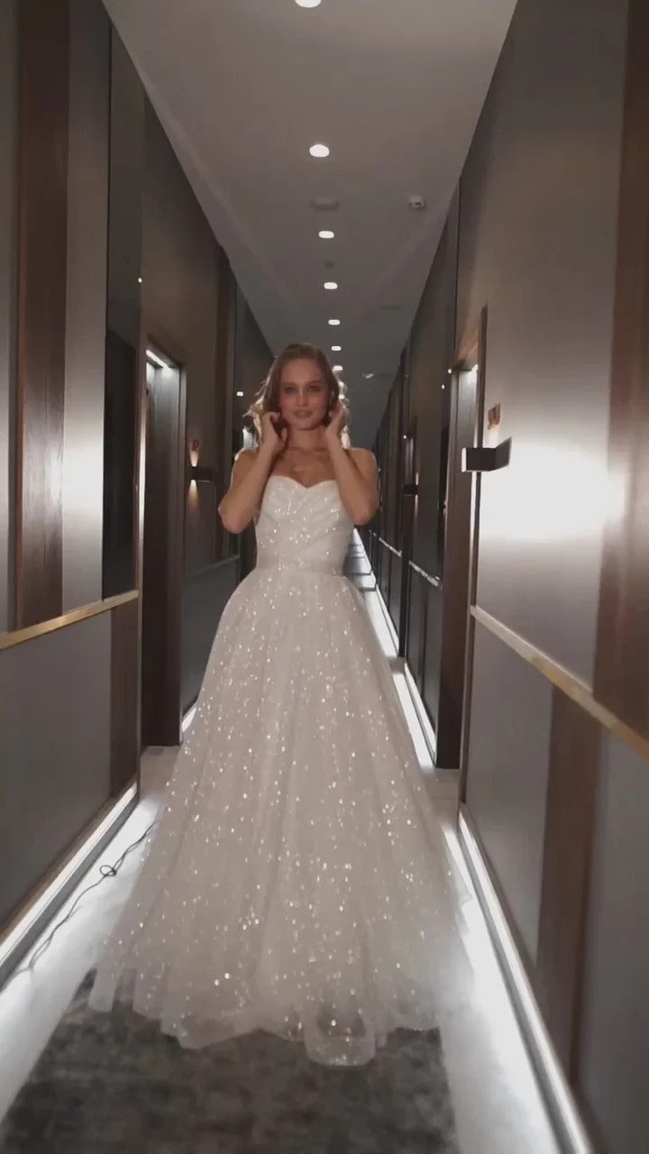 Vestido De novia sin tirantes con purpurina, vestido De novia brillante con lentejuelas, vestido De novia plisado sin mangas 