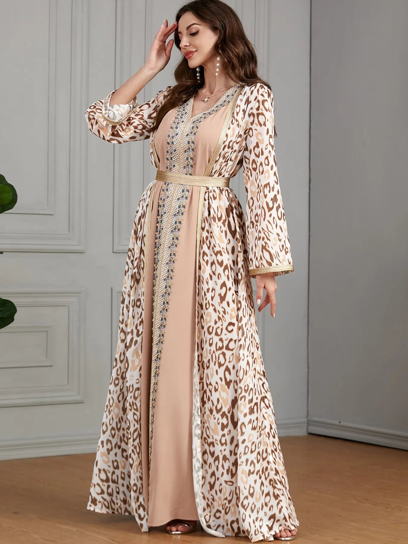 2 Pieces Abaya Set for Women Chic Lace Embroider Tape V Neck Bottom Dress & Leopard Print Belted Kimono Muslim Eid New