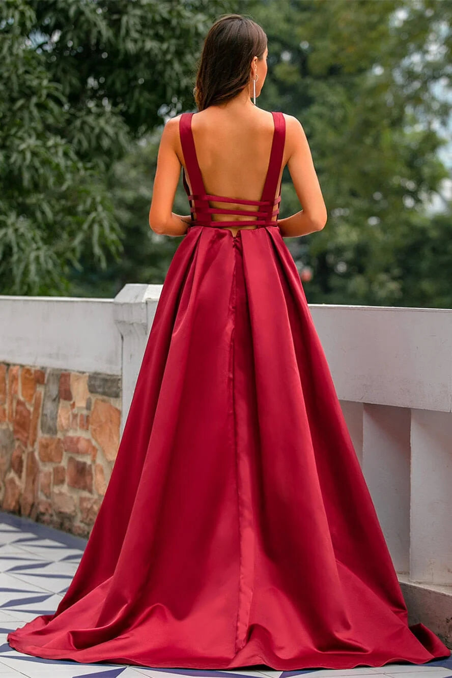 Sexy Red New Year Party Dress Winter Evening Dresses V Neck Satin Prom Dresses Long Elegant Evening Gown Robe De Soiree