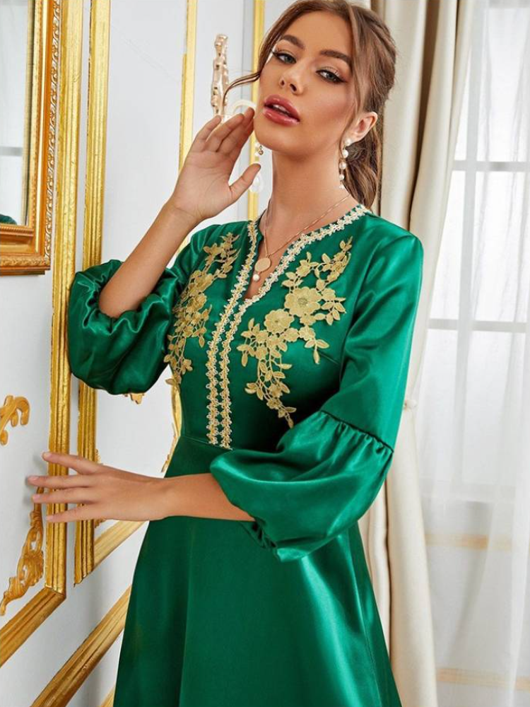 Mode Satin Puff Sleeve Druk Solid avondfeestjurk Djellaba Marokkaanse kaftan voor vrouwen elegante islamitische outfits