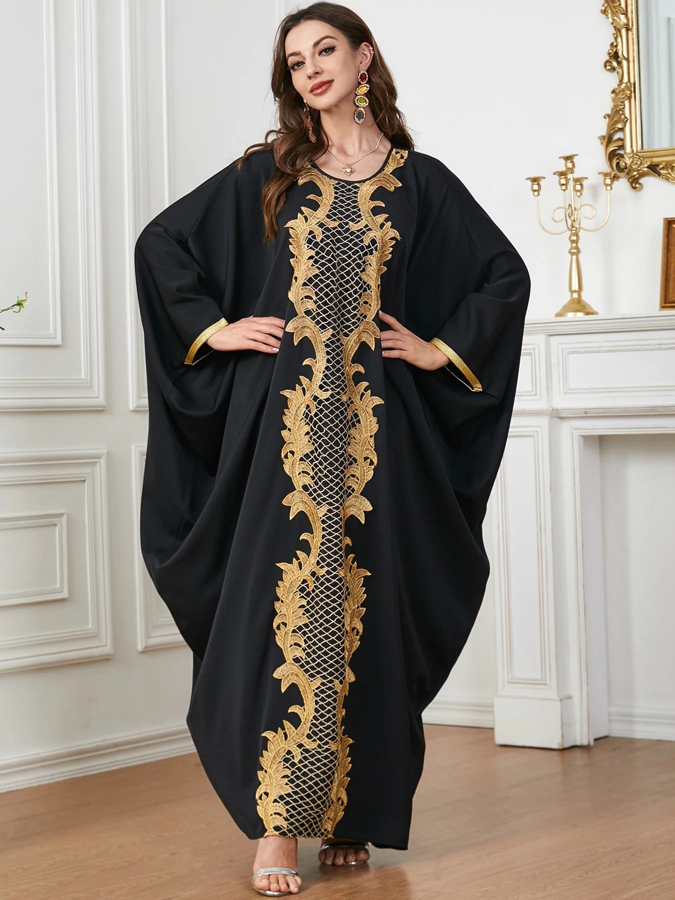 Black Batwing Sleeve Abayas Embroidery Casual Saudi African Women Dresses Moroccan Kaftan Islam Clothing Muslim Robe