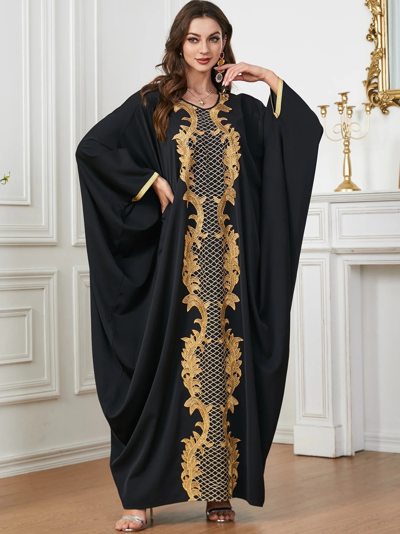 Black Batwing Sleeve Abayas Embroidery Casual Saudi African Women Dresses Moroccan Kaftan Islam Clothing Muslim Robe