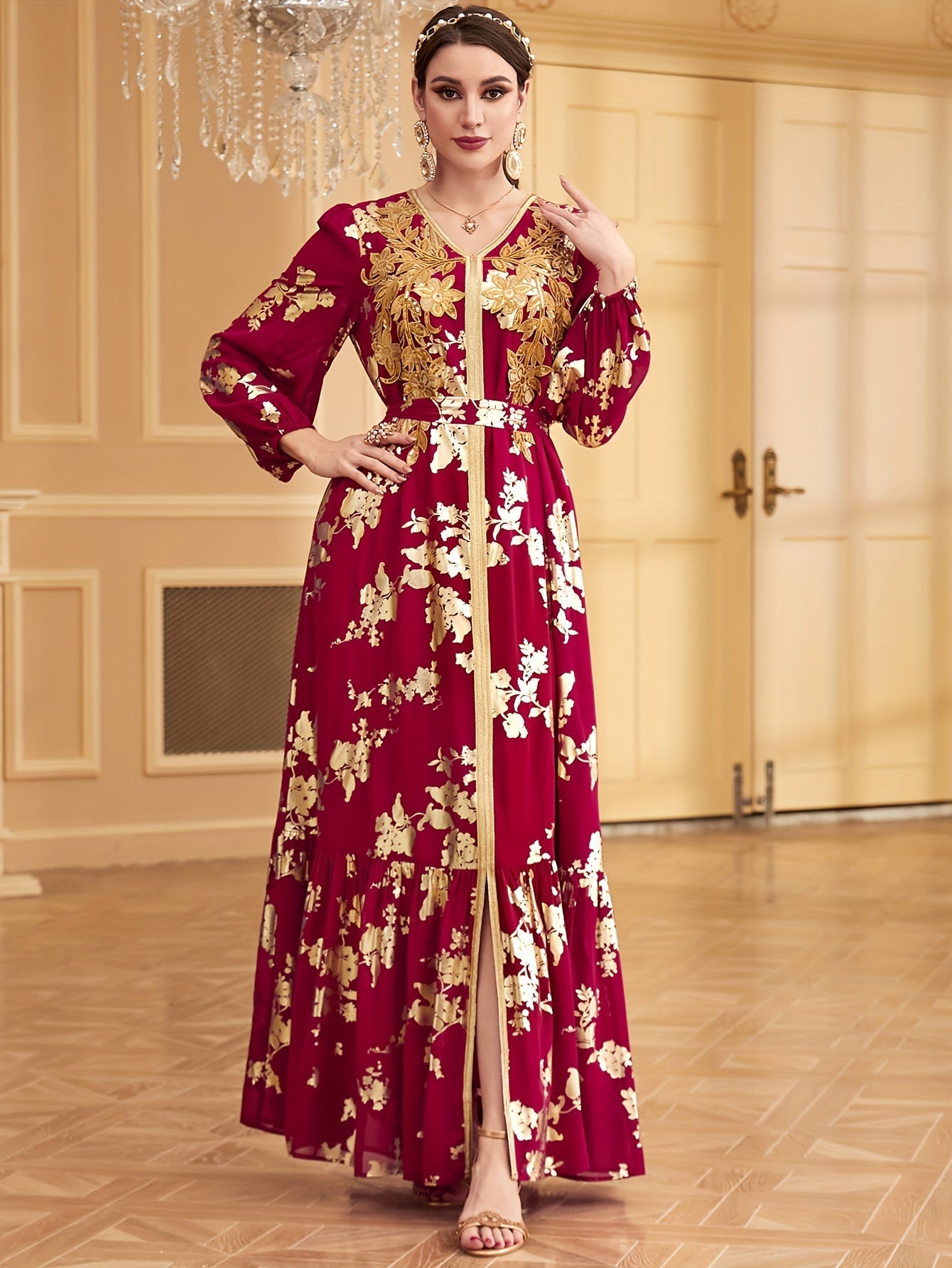 Robe de soirée rouge de dubaï pour femmes, tenue élégante avec ceinture à paillettes, col en v, estampage doré, Abaya, caftan marocain