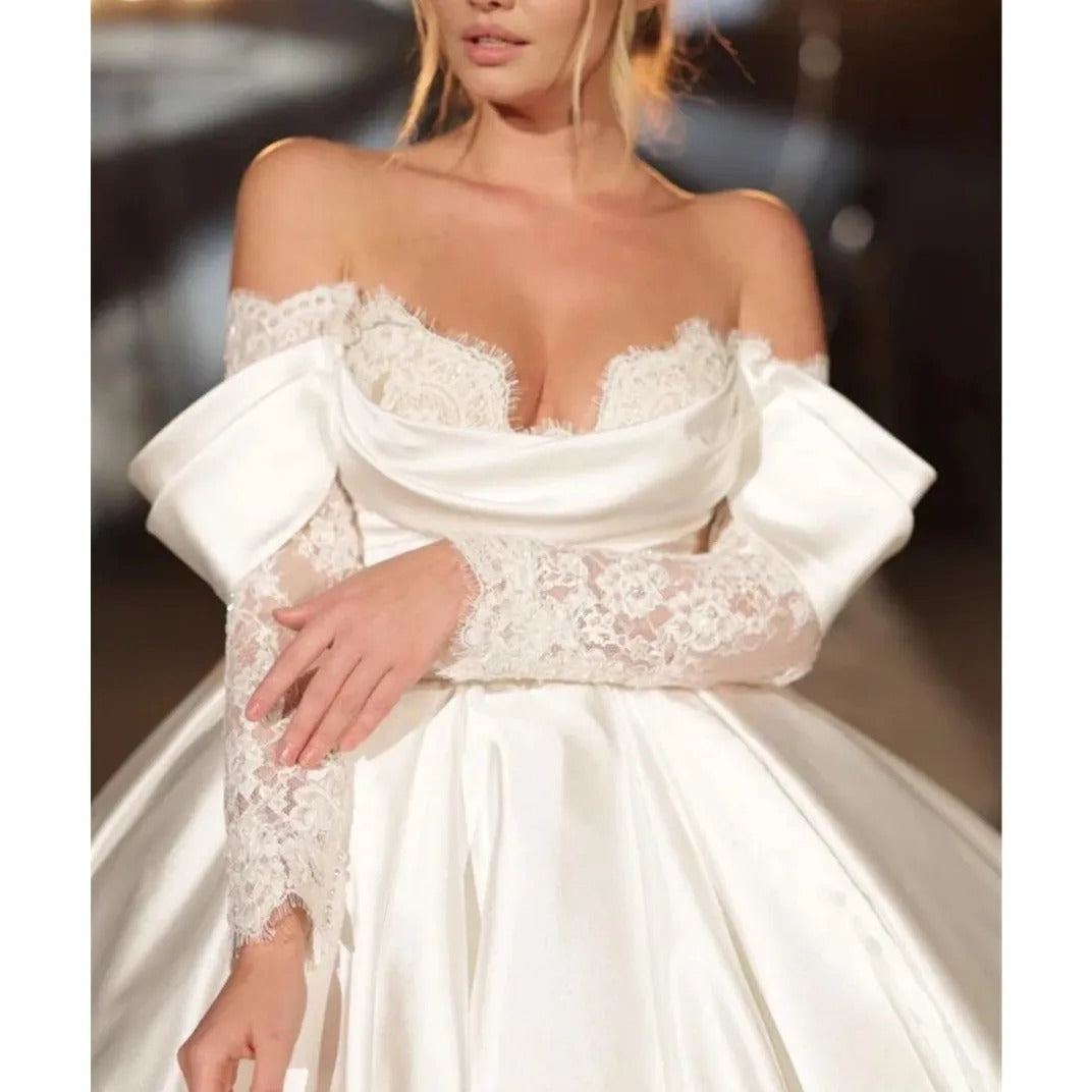 SoDigne Elegant Satin Wedding Party Dresses Women Lace Princess Long Sleeves Bride Dress Sweetheart Wedding Gowns