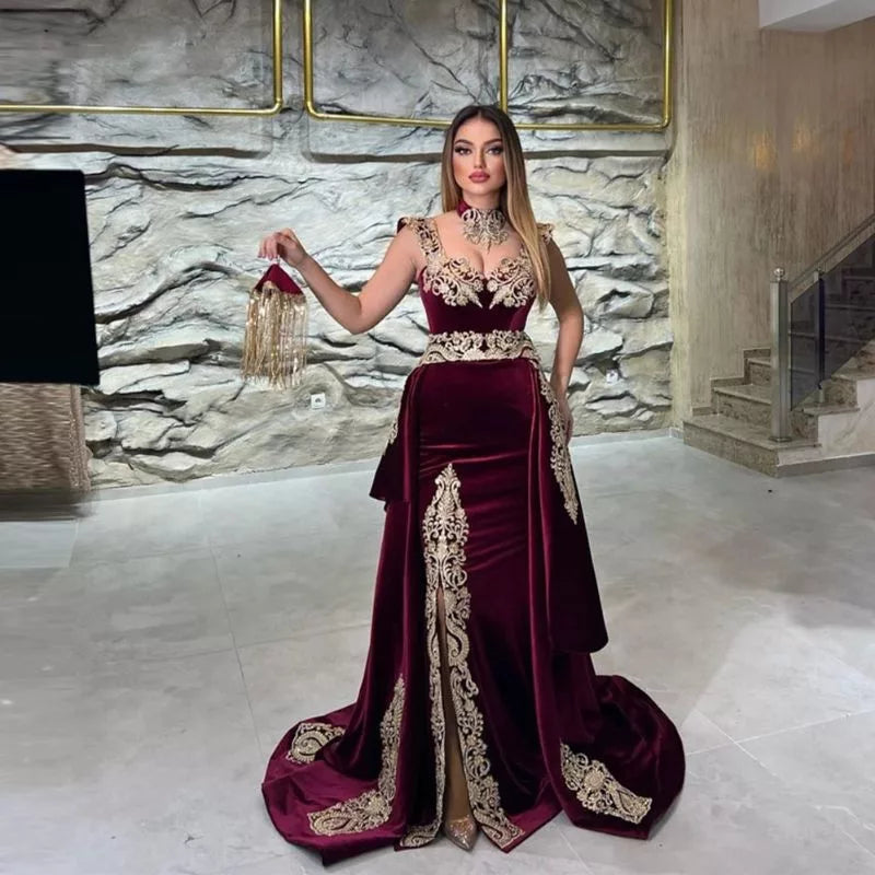 Dark Burgundy Velvet Mermaid Evening Dresses Sependable Train Lace Applique Dubai Kaftan Women Prom Gowns