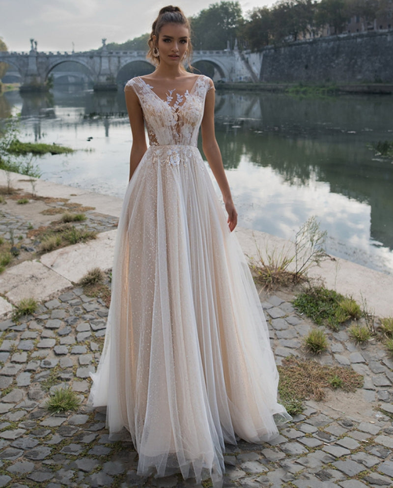 Vestidos De novia De playa una línea De tul cuello en V mangas casquillo longitud hasta el suelo espalda abierta Vestido De novia Vestido De novia De talla grande 