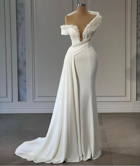 Vestidos de novia de sirena con perlas modestas, Vestido de novia con cuello en V, ilusión de cuello transparente hecho a medida, Vestido de novia 