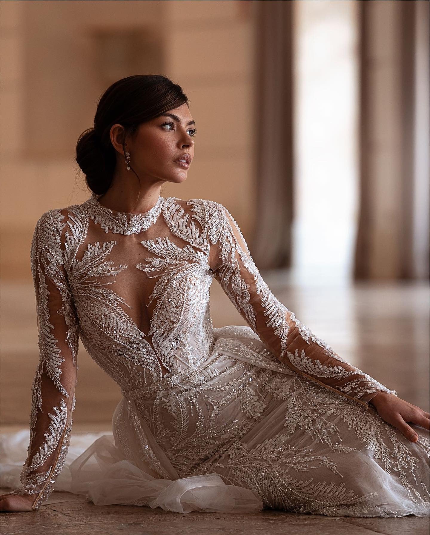 Abito da sposa a maniche lunghe modeste con paillettes scintillanti per perle per perle per perle per la sposa elegante abito da sposa a-line Robe de mariée