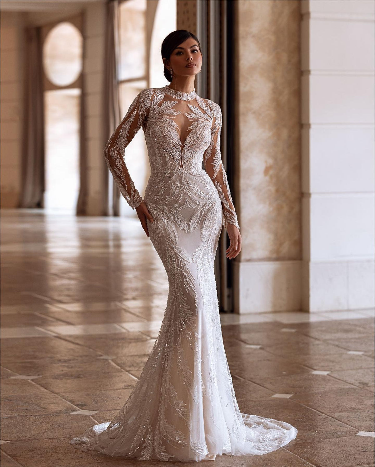 Bescheidene Hochhochschärfe Hochzeitskleid Funkelne Pailletten Perlenkleid für Braut elegantes A-Line-Brautkleid Robe de Mariée