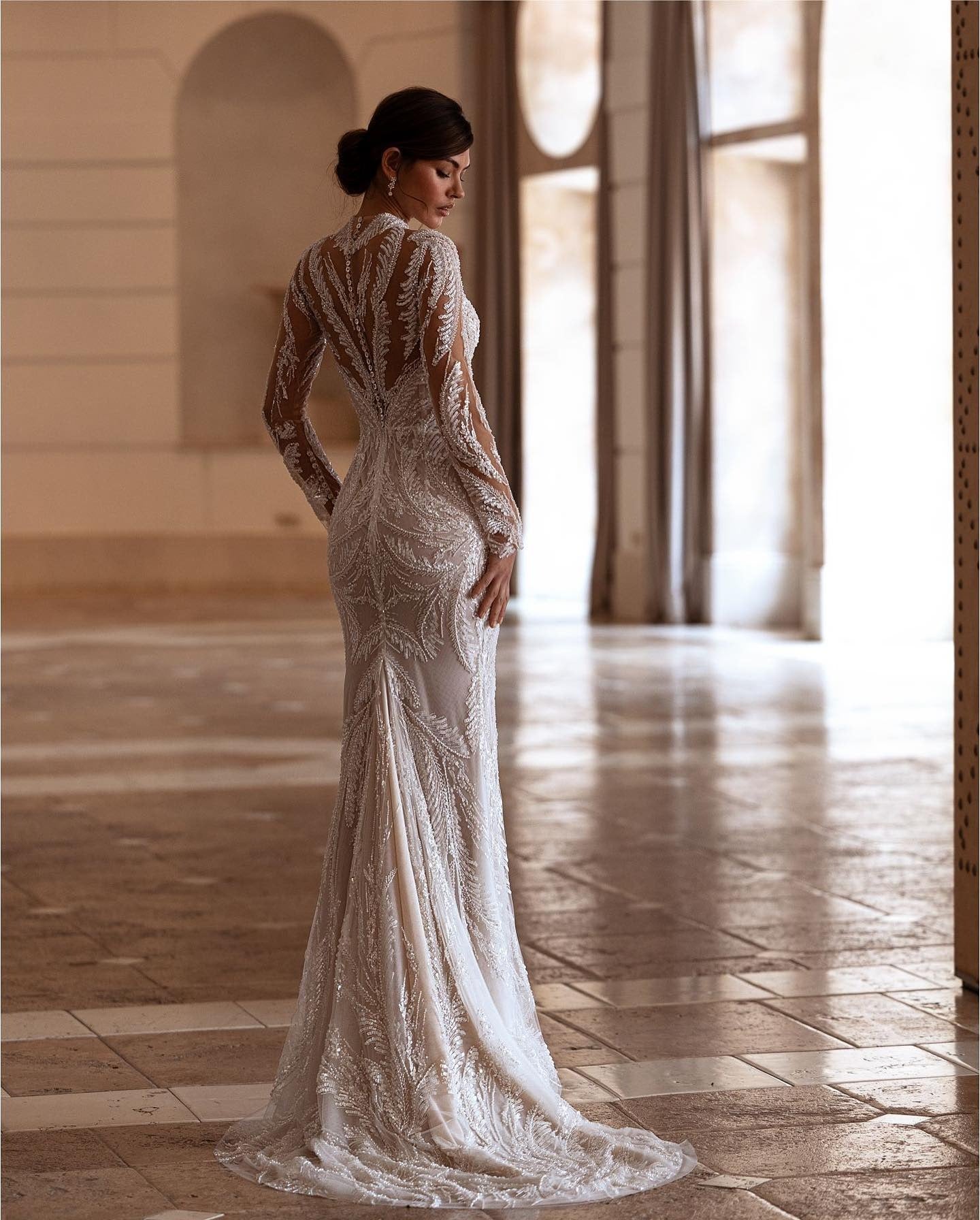 Abito da sposa a maniche lunghe modeste con paillettes scintillanti per perle per perle per perle per la sposa elegante abito da sposa a-line Robe de mariée