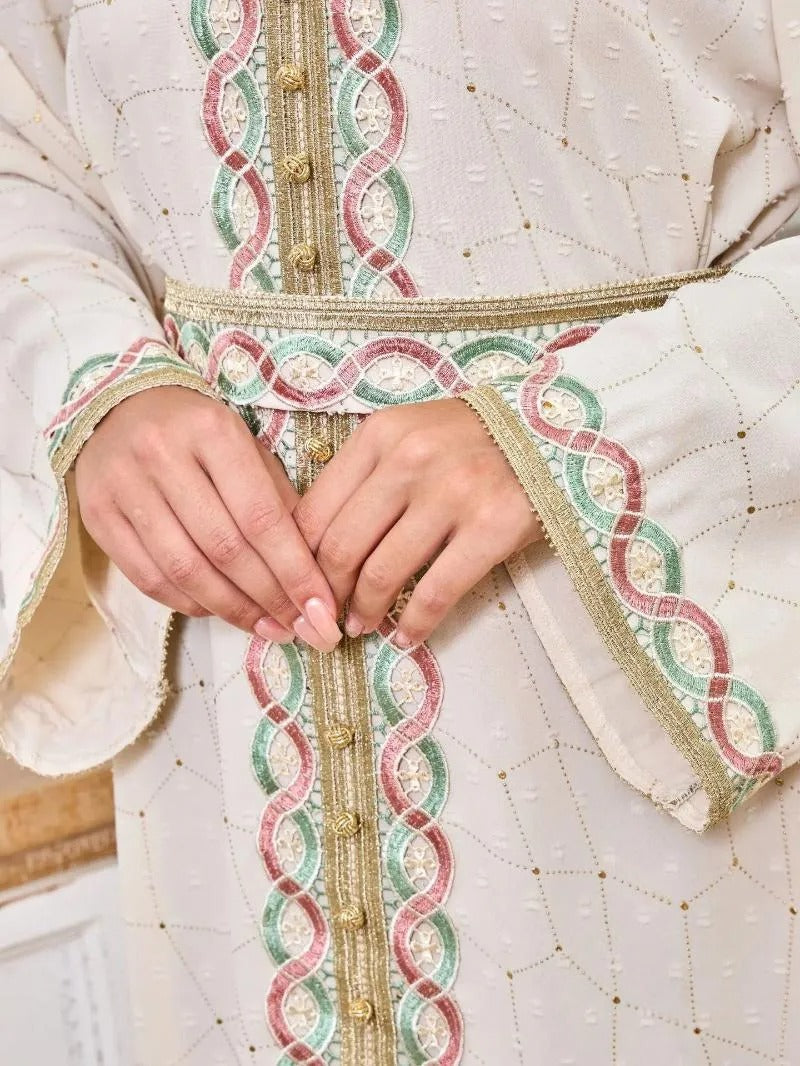 Mode elegante Stickklebeband trimm muslimische lange Kleidung für Frauen Gürtelkleidung Marocain Turkish Abaya