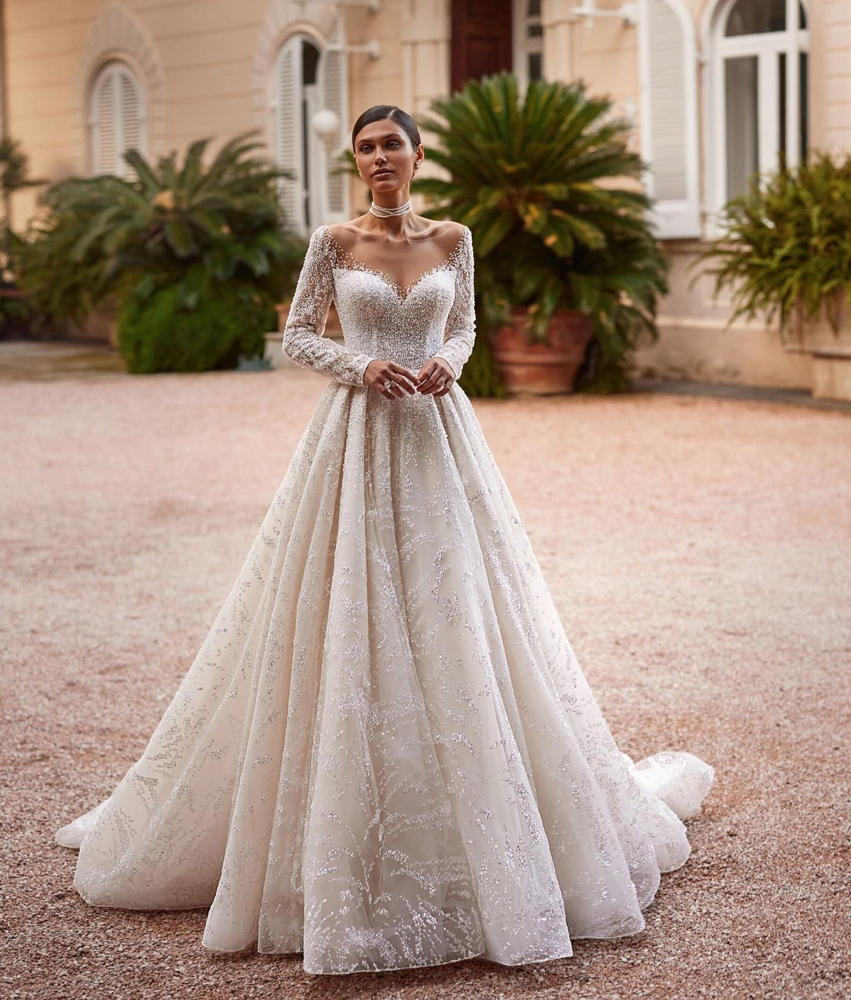 Vestido De novia clásico De manga larga con cuello redondo, bata De novia con purpurina y perlas brillantes, vestido De novia largo elegante con corte en A