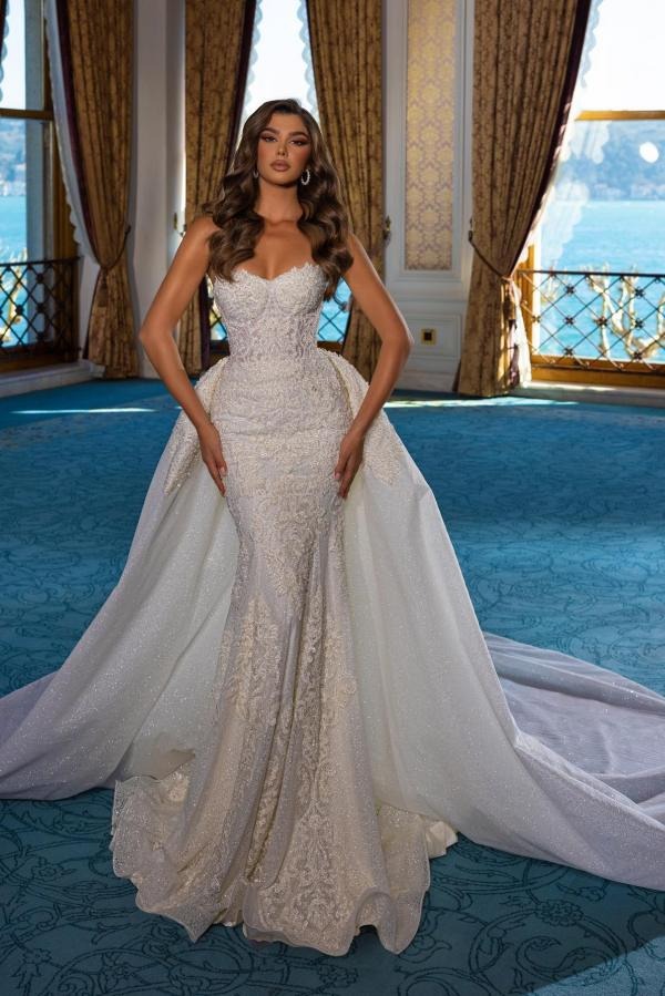 Robes De mariée De luxe sans bretelles robe sirène scintillante pour mariée Appliques dentelle longueur au sol robe De mariée Vestido De Novia