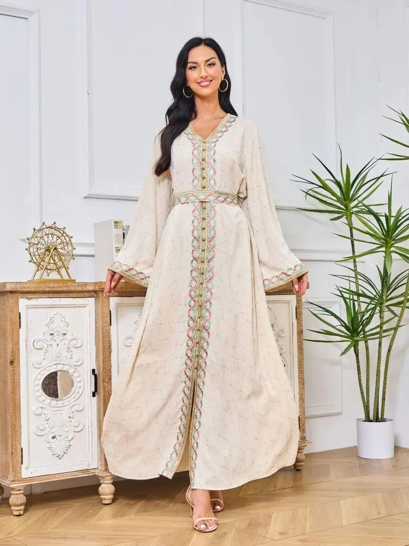 Fashion Elegant Embroidery Tape Trim Muslim Long Dress For Women Belted Clothing Marocain Turkish Abaya