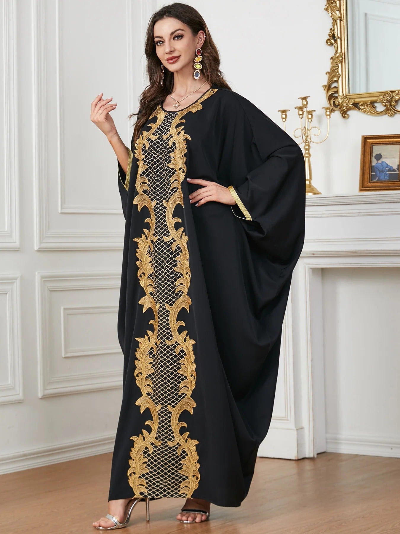 Black Batwing Sleeve Abayas Embroidery Casual Saudi African Women Dresses Moroccan Kaftan Islam Clothing Muslim Robe