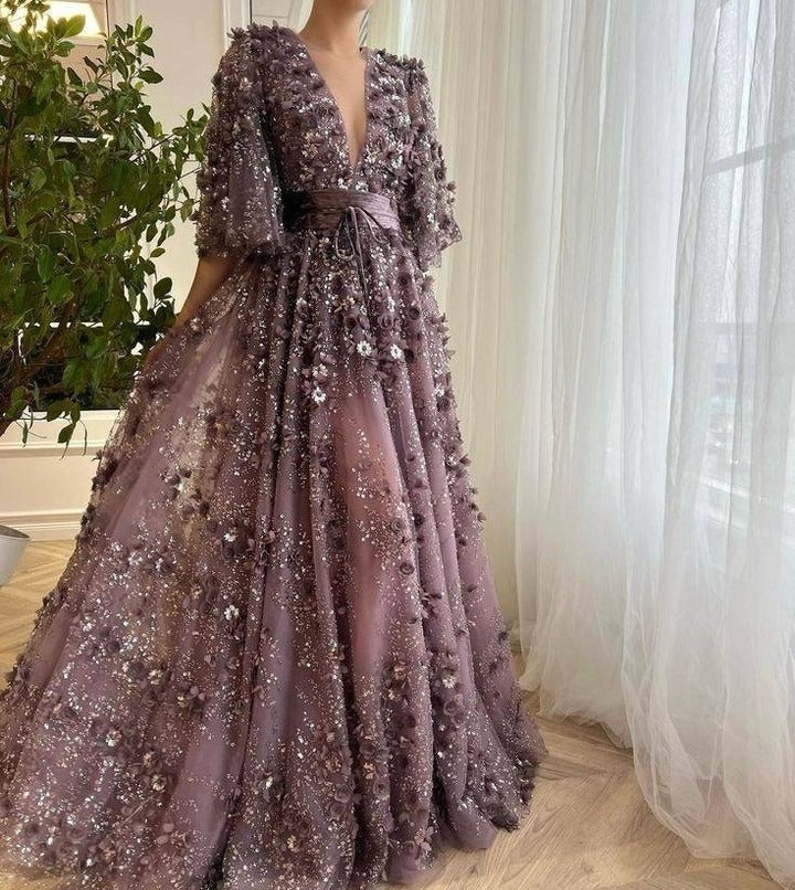 Prom Dress Intricate Sparkle V-neck Ball Gown Quinceanera  Beading Paillette / Sequins Flower Floor Length Organza Evening