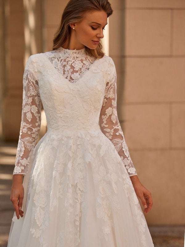 RODDRSYA – Robe De Mariée en dentelle, manches longues, coupe trapèze, col rond, boutons, Robe De Mariée musulmane, en Tulle appliqué, sur mesure 