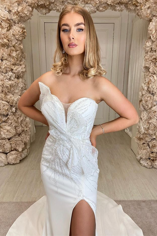 Anmutig trägerlose Perlen Meerjungfrau Hochzeitskleid sexy Seitenschlitz Brautkleid Braut Kleider benutzerdefinierte Vestidos de Novia