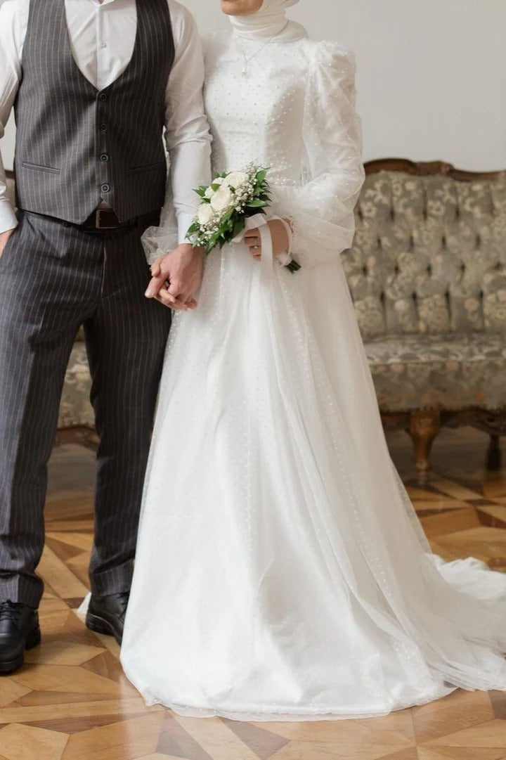 Vestido De novia blanco De manga larga De Dubái, corte en A, cuello alto, tul punteado, modesto vestido De novia musulmán para novia