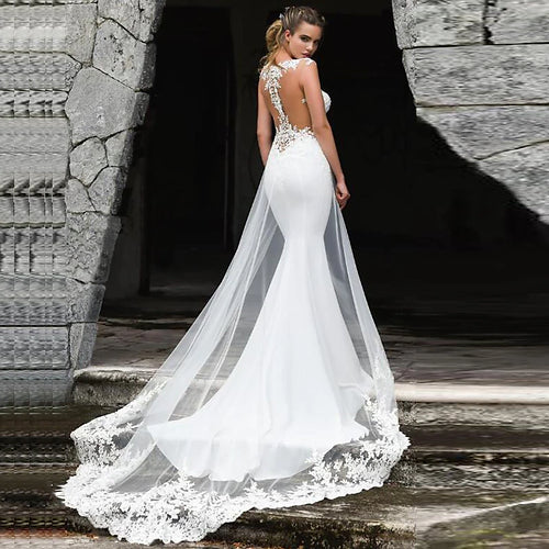 Abito da sposa sirenedess sirened sexy vedi attraverso appliques in pizzo senza manico