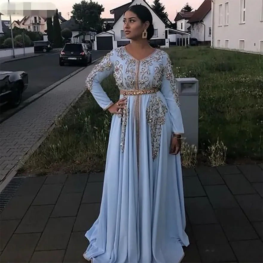 Blue Moroccan caftan Evening Dresses V Neck Crystal Algeria Arabic Muslim Special Occasion Dresses Party Gowns