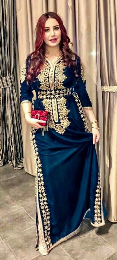 Morocco Caftan Evening Dresses Side Split Mermaid Prom Dress Velvet Long Sleeve Formal Evening Party Dress