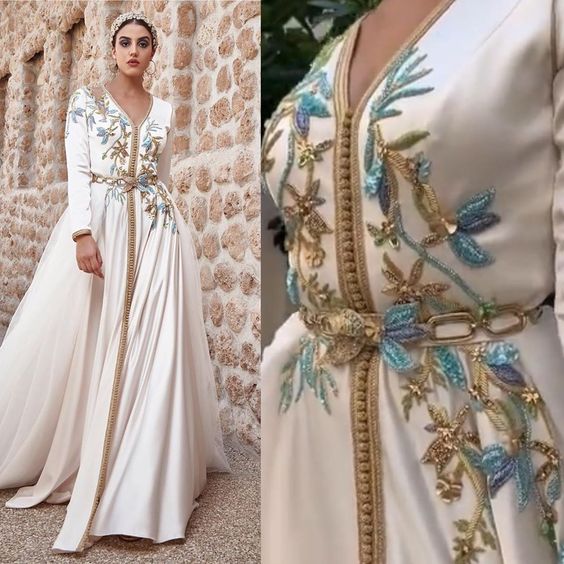 Marokkanische Kaftan Abendkleid Spitze Applikationen Dubai Arabische Spezialanlässe Kleider A-Line Muslim Hochzeit Prom Party Kleid