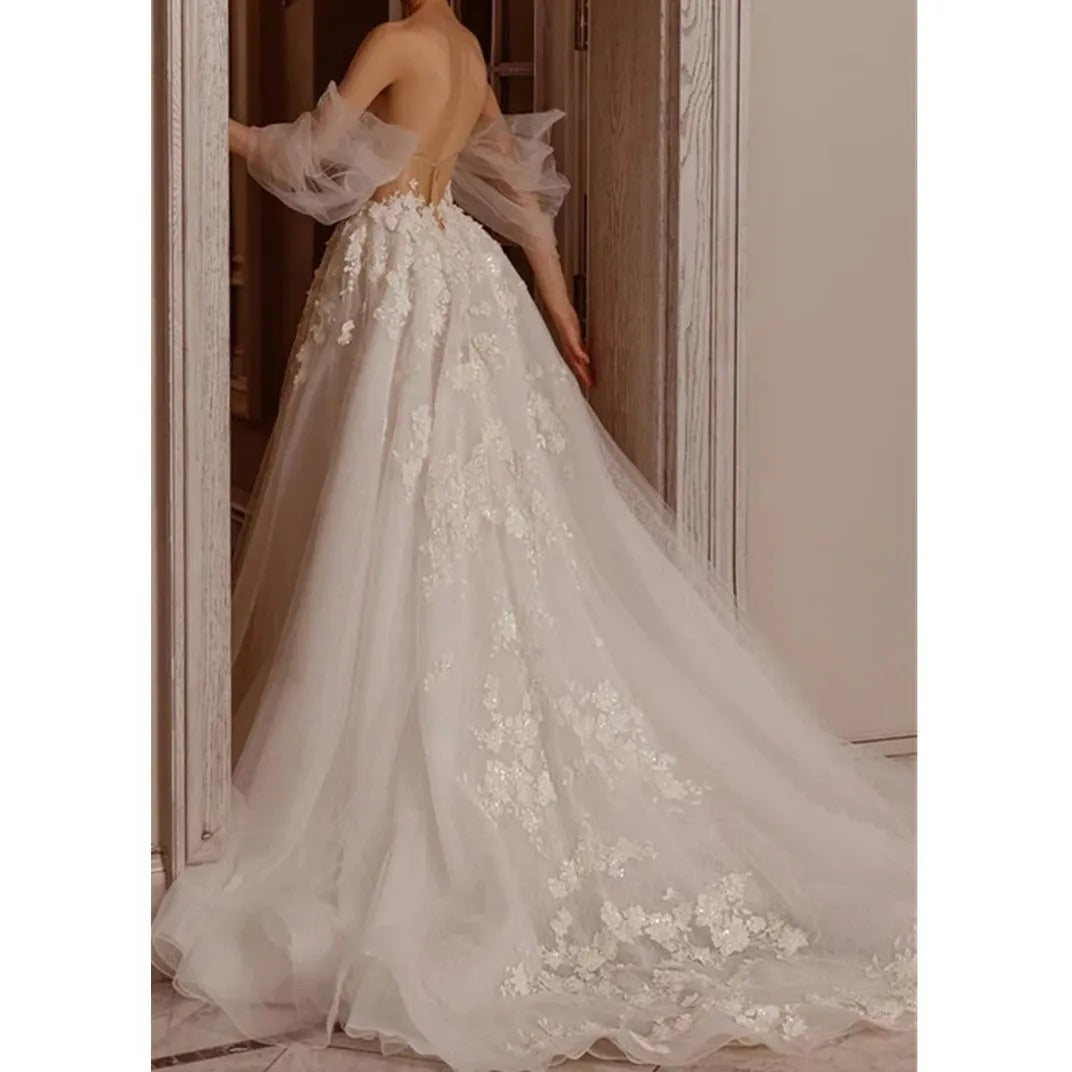 Kapokdressy elegante vestidos de noiva sem alças Apliques de renda A-line Tulle Robes Lengé