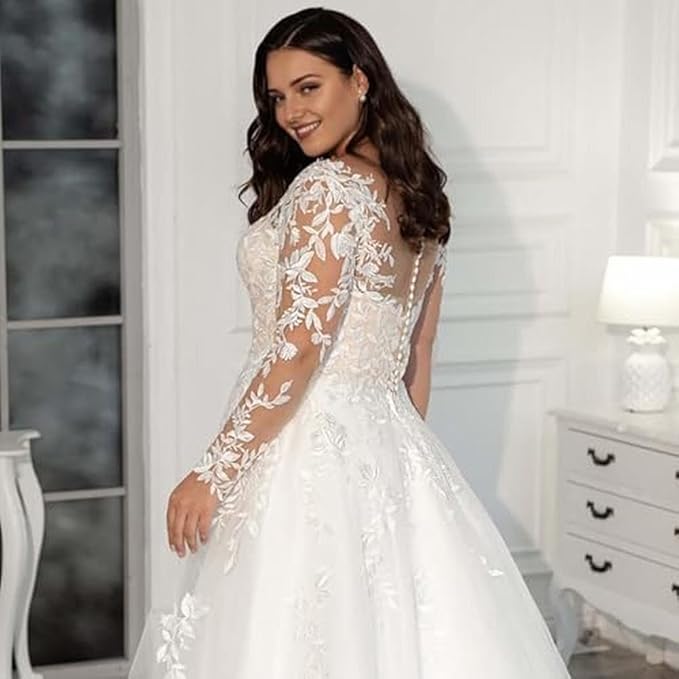 Vestidos De novia De encaje Vintage De talla grande, vestidos De novia elegantes De talla grande con mangas largas y cuello redondo, vestidos De novia De tul, bata De novia 