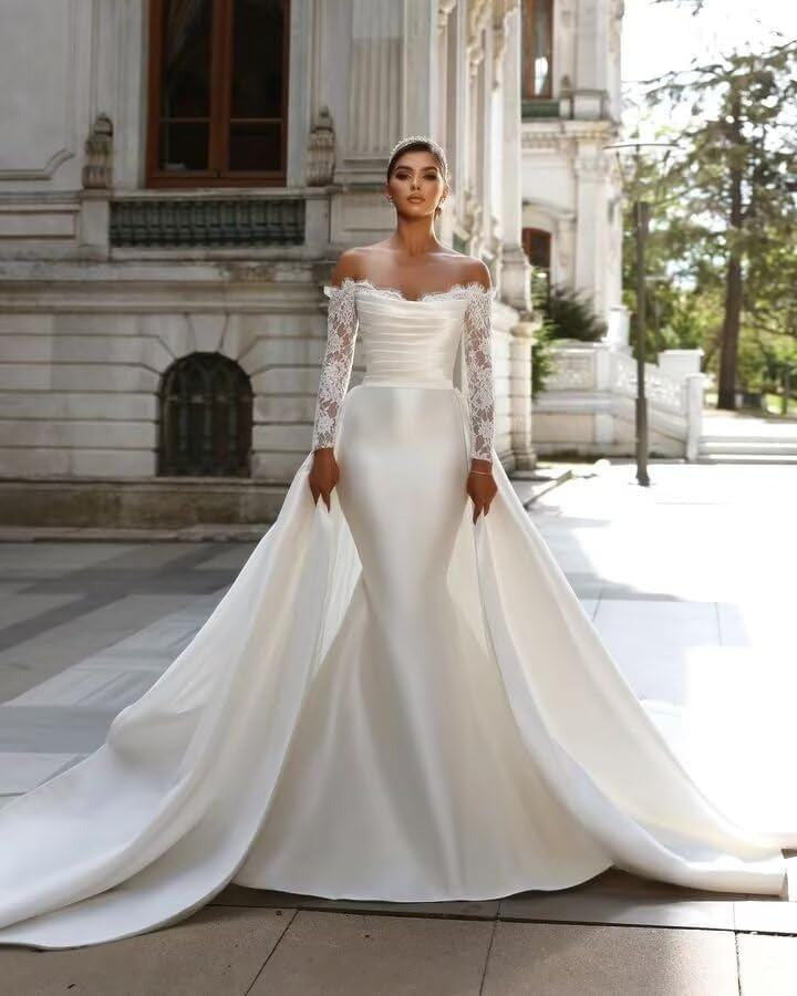 Lindos vestidos de noiva destacáveis ​​de trem de trem elegantes Apliques de renda da mulher há muito tempo fora do ombro Princesa Bridal GOWNS PLUS SIEL