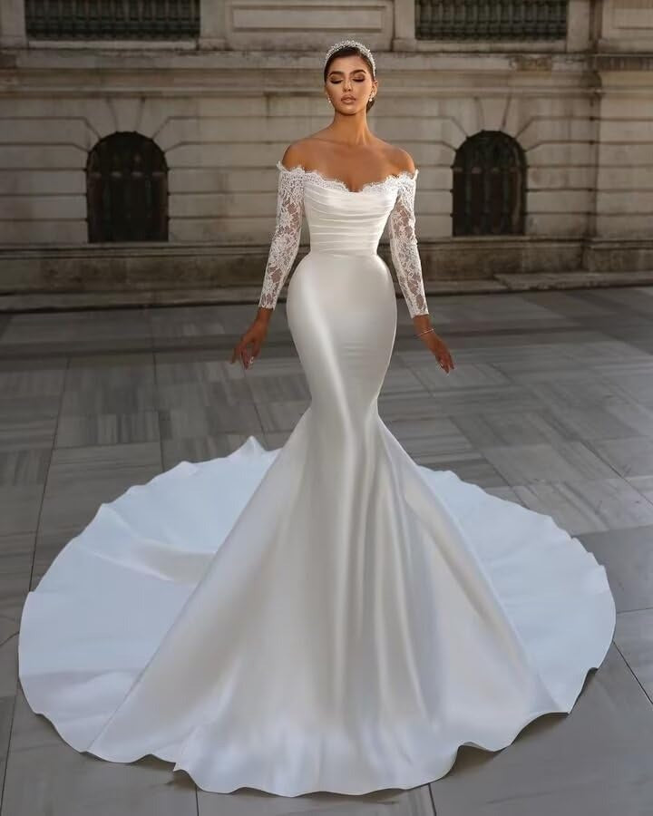 Splendidi abiti da sposa in treno staccabili Eleganti Applique in pizzo da donna Long Off Spalla Princess Bridal Abiti più dimensioni