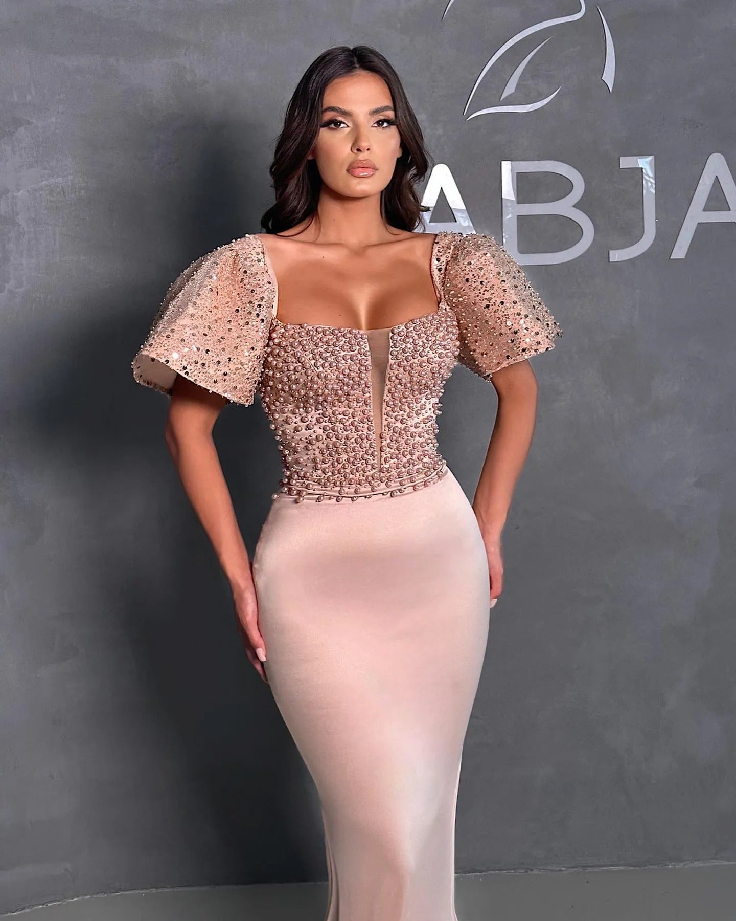 Sansa Luxury Champagne Glitter فساتين السهرة Vestidos De Noche De sirena con cuello cuadrado elegantes hasta el suelo Vestidos De Fiesta brillantes